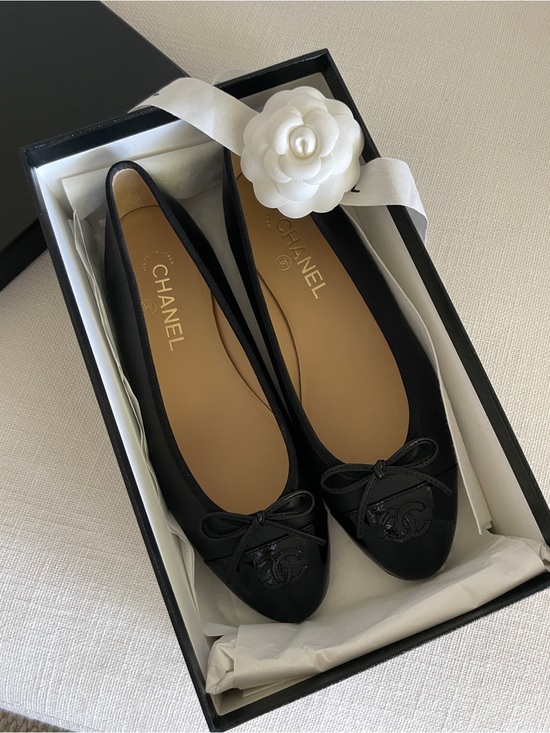CHANEL Shoes - CHANEL Black Leather CC Logo Ballet Flats with Bow